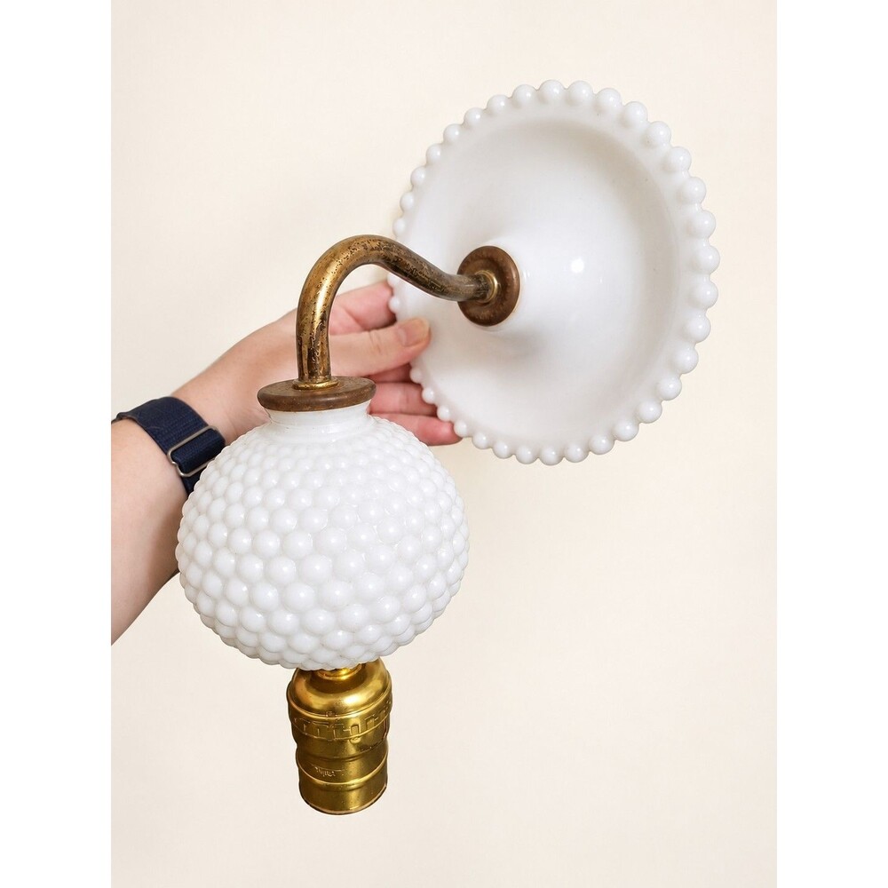 Vintage Hobnail Milk Glass Wall Sconce Light Fixture Brass Hardware Beaded Edge